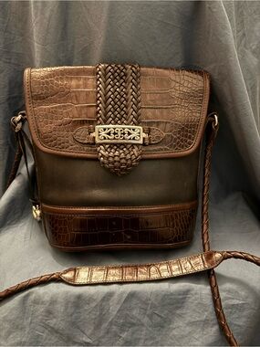 Vintage Brighton Brown Leather Woven-Accent Crossbody Bag